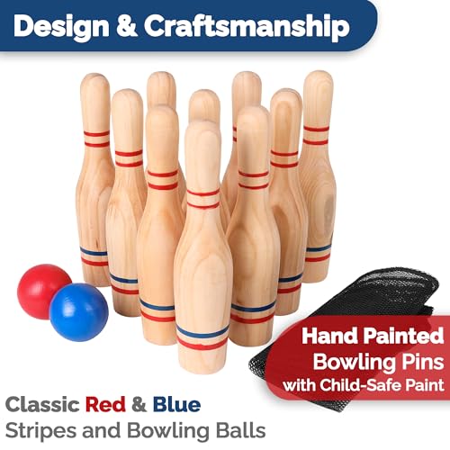 STERLING Sports Premium Wooden Lawn Bowling Skittles Set 11" Pins with Carrying Mesh Bag - 10 Heavy Solid Wooden Pins and 2 Balls - for Indoors and Outdoors