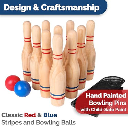 STERLING Sports Premium Wooden Lawn Bowling Skittles Set 11" Pins with Carrying Mesh Bag - 10 Heavy Solid Wooden Pins and 2 Balls - for Indoors and Outdoors
