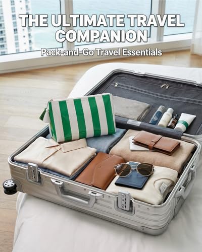 Striped Makeup Bag with Tassel Zipper, Large Waterproof Cosmetic Travel Pouch forWomen, Preppy Aesthetic Toiletry Bag Travel Essentials for Girls, Beach Bag Essentials Organizer Gift(Green White) - color: Green White