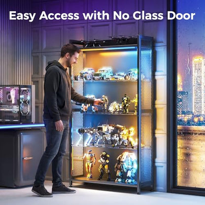 AODK Display Case with LED Lights, Display Cabinet with Glass Storage Shelves and Industrial Metal Mesh, 4-Tier Display Shelf for Collectibles, Curio Cabinet with Open Shelf, Black Book Shelf - color: Black