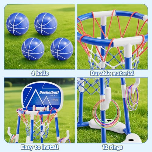 Pool Basketball Hoop for Kids Ages 4-8 & 8-12, 2-in-1 Floating Game Set with Backboard, Water-Fillable Base, 4 Balls, Pump & 12 Rings, Pool Games Backyard Swimming Pool Toys for Family Fun (Blue) - color: Green