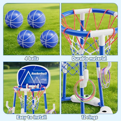 Pool Basketball Hoop for Kids Ages 4-8 & 8-12, 2-in-1 Floating Game Set with Backboard, Water-Fillable Base, 4 Balls, Pump & 12 Rings, Pool Games Backyard Swimming Pool Toys for Family Fun (Blue) - color: Green