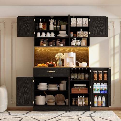 FJTJBSI 72" Kitchen Pantry Cabinet with LED Light and Charging Station Tall Pantry Storage Cabinet with Adjustable Shelves and Door Shelves Modern Kitchen Hutch with Countertop Black - color: Black
