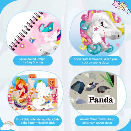 homicozy 4PCS Sticker Paint Books for Kids Ages 4-10,Unicorn Mermaid Animals Designs Paint By Stickers,Sticker By Numbers,Party Birthday Gifts for Girls 4-10,Create 40 Pictures One Stickers at A Time - style: Style1-4PCS