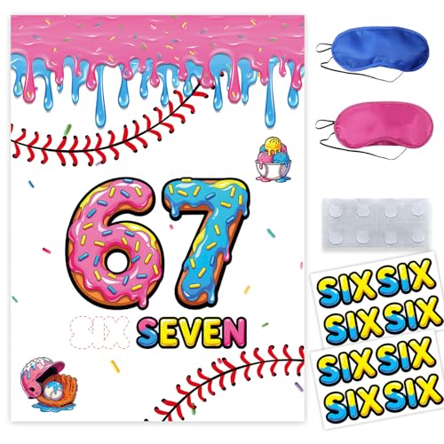 67 Meme Themed Pin the Tail Party Game, Birthday Donut Design with Blindfolds and Stickers, 70x52cm