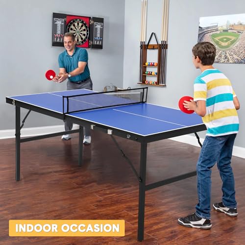 Portable Collapsible Ping Pong Table 60x26x27.5 in - Waterproof Table Tennis Set for Indoor & Outdoor - Includes Net, 2 Paddles, 3 Balls - Lightweight Mini Table for Kids & Adults - Blue
