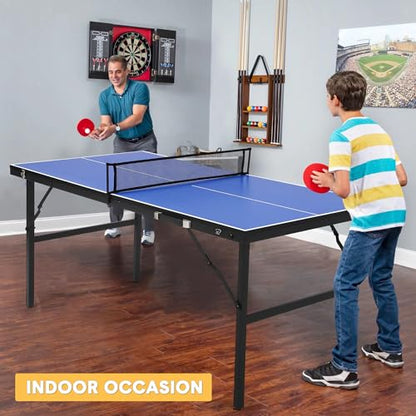 Table Tennis Game Set, Portable Ping Pong Table with Demountable Nylon Net, 2 Paddles and 3 Balls, Table Tennis Game for Outdoor Indoor, Waterproof Tabletop, Blue, 60 x 26 x 27.5inch