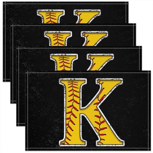 Erosebridal Initial Placemats 12x18 inch Set of 4 Boys Monogrammed Place Mats | Yellow Letter K Table Place Mats Softball Accessories Oil Proof Washable Placemats - color: Yellow K