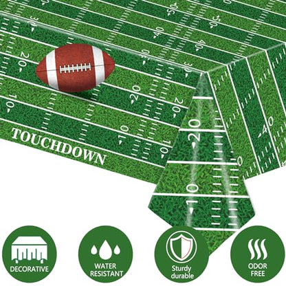 Kesfey 3 Packs Football Tablecloth 54 x 108 Inches Green Football Field Touchdown Tablecover Disposable Plastic Rugbyl Themed Birthday Table Cloth Gameday Tailgate Rugby Tablecloths for Superbowl - color: Green Football