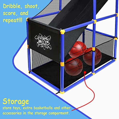 Kiddie Play Arcade Basketball Game Set for Kids 4 Balls and Hoop | Air Pump, Mesh Storage Basket, Indoor & Outdoors Sport Toys