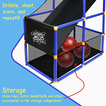 Kiddie Play Arcade Basketball Game Set for Kids 4 Balls and Hoop | Air Pump, Mesh Storage Basket, Indoor & Outdoors Sport Toys