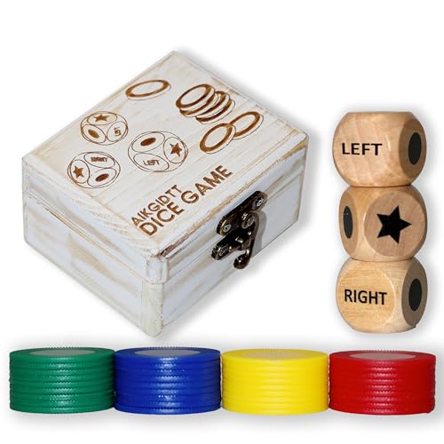 Left Right Roll Dice Game Set - 3 Wood Dice & 36 Plastic Chips in Wooden Box, Fun Family Party Dice Games for Adults, Teens & Friends, White - color: White