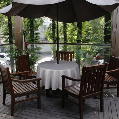 Melaluxe Spring/Summer Wrinkle-Free Waterproof Outdoor Tablecloth with Umbrella Hole and Zipper (Silver, 60" Round-Zippered) - color: Silver, size: 60" (Round)