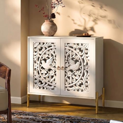 DHZ Accent Cabinet with Doors, Hollow-Carved Pattern Buffet Cabinet with Storage, Freestanding Sideboard Cabinet for Living Room Dining Room Entryway