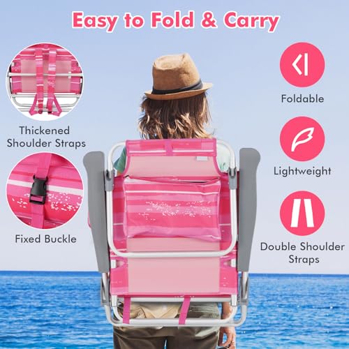 Tangkula Set of 2 Backpack Beach Chair, 5-Position Lightweight Folding Lay Flat Beach Chairs with Cooler Bag, 2 Cup Holders, Towel Bar, Backpack Straps - color: Pink Stripe, style: 2 Pack