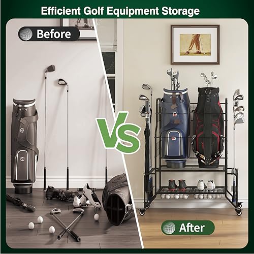 Golf Bag Storage Garage Organizer Golf Bag Stand Fits 2 Bags Extra Clubs Balls Shoes Golf Equipment Accessories Golf Storage Rack for Garage Club Shed