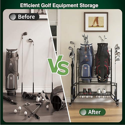 Golf Bag Storage Garage Organizer Golf Bag Stand Fits 2 Bags Extra Clubs Balls Shoes Golf Equipment Accessories Golf Storage Rack for Garage Club Shed