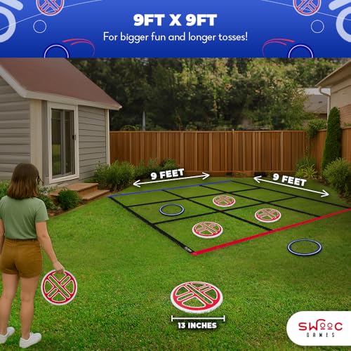 Swooc Games® - Fling Tac Toe™ (9ft x 9ft) Giant Tic Tac Toe Game Outdoor | Weatherproof Giant Outdoor Games for Adults and Family | Large Backyard Games for Kids | Jumbo Outside Yard & Lawn Game