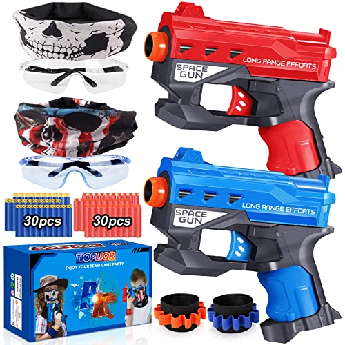 2 Pack Blaster Guns Boys Toy-with 60 Bullets &2 Wristbands, TiopLior Blaster Guns Toy Age for 4-9 Christmas Birthday Gifts &2 Safety Glasses/Face Masks for 6+ Year Old Kids Games Toys - size: 2 Sets