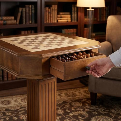 Walnut Finish Chess Game Table with Fluted Square Pedestal | Hidden Storage Drawer, Reversible Tabletop, Chess & Backgammon Game Board, Sturdy Elegant Base, Side Table - size: 28''-Chess Table Walnut + Fluted Square Pedestal