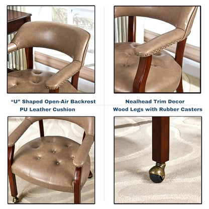 Set of 4 Dining PU Leather Chairs with Casters & Arms, Accent Kitchen Table Chairs with Wheels, Wood Captains Rolling Roller Poker Table Chair, Cherry&Yellowish Brown PU 1533PMB(NO Table!) - color: Cherry &Yellowish Brown Pu