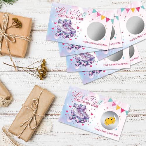 50 Pcs Let's Roll Theme Scratch off Game Cards, Roller Skate Themed Party Games Scratch Cards for Outdoor Fun, Funny Birthday Party Raffle Tickets for Lottery Group Activity - color: Pink Purple