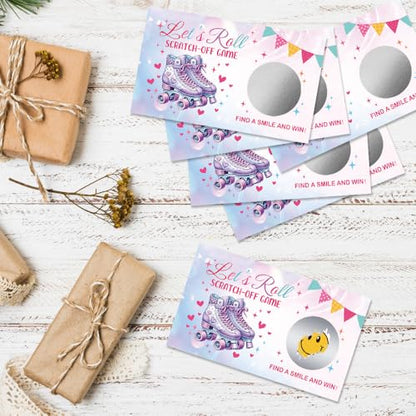 50 Pcs Let's Roll Theme Scratch off Game Cards, Roller Skate Themed Party Games Scratch Cards for Outdoor Fun, Funny Birthday Party Raffle Tickets for Lottery Group Activity - color: Pink Purple
