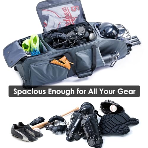 Rolling Baseball Bag With Wheels, Seperate Shoe Compartment and Fence Hook - Large Softball Bag for T-Ball - Team Equipment Duffle Bag - Catcher Gear Bag for Boys 8-12, Youth, Adults - color: Grey