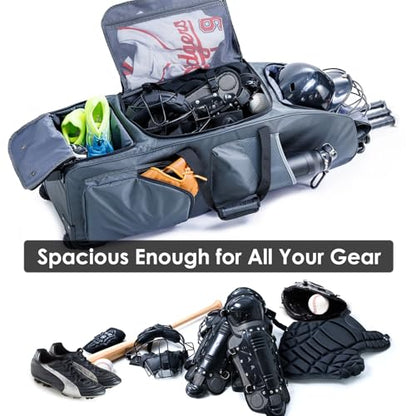 Rolling Baseball Bag With Wheels, Seperate Shoe Compartment and Fence Hook - Large Softball Bag for T-Ball - Team Equipment Duffle Bag - Catcher Gear Bag for Boys 8-12, Youth, Adults - color: Grey