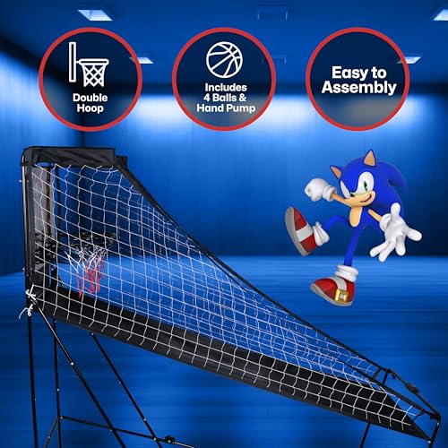 Voyager Sonic The Hedgehog Electronic Double Shot Arcade Game, Indoor Basketball with 4 Balls, LED Scoreboard & Folding Frame, Kids Arcade Game for Home & Playroom