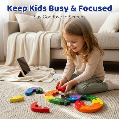 LovesTown Wooden Puzzles for Kids, Double Sided Snake Jigsaw with Alphabet & Numbers, Montessori Educational Toy for Toddlers, Chunky Animal Gift - size: Medium, style: Snake