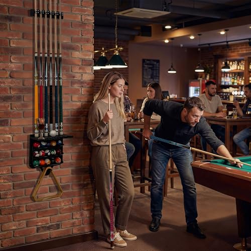 Pool Stick Holder Wall Mount | 6 Cue Rack with Ball Holder & Cue Rest | Engineering Polypropylene Board with Carbon Fiber Veneer | pool cue holder for Game Room & Pool Table Accessories