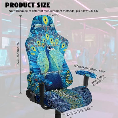 Peacock Print 4Pcs Gaming Chair Cover Set Comfortable Breathable Computer Office Chair Cover with Armrest Covers Universal Fit for Desk/Swivel/Rotating Chairs Protector - color: Blue - Peacock