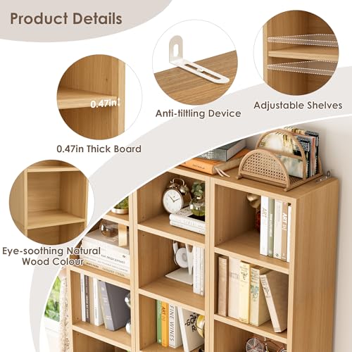 FOTOSOK 8-Tier Media Tower Rack, 11.6 X 9.3 X 71 Inches CD DVD Slim Storage Cabinet with Adjustable Shelves, Tall Narrow Bookcase Display Bookshelf for Home Office, Natural - color: Natural