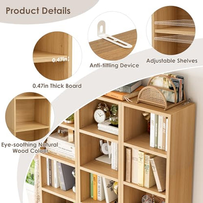 FOTOSOK 8-Tier Media Tower Rack, 11.6 X 9.3 X 71 Inches CD DVD Slim Storage Cabinet with Adjustable Shelves, Tall Narrow Bookcase Display Bookshelf for Home Office, Natural - color: Natural