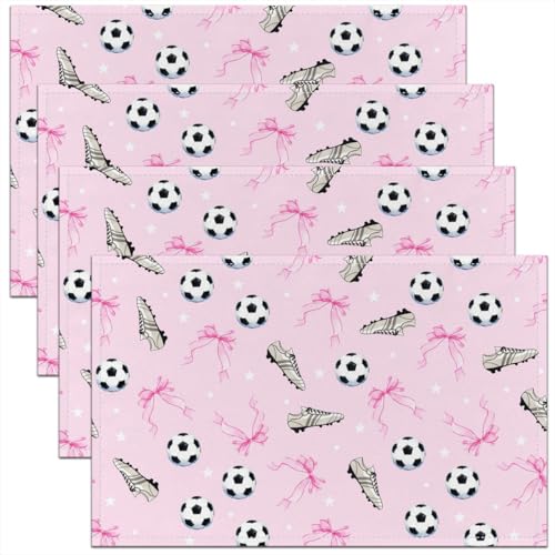 Soccer Kids Placemats Set of 4,Bowknot Bow Tie Knot Table Place Mats,Football Shoe Ball Sport Fans Kitchen Decor,Coquette Pink Placemat Kitchen Table Decoration 12"x18" - color: Coquette Pink