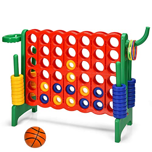 Costzon Giant 4-in-A-Row, Jumbo 4-to-Score Giant Game w/Basketball Hoop, Ring Toss, Quick-Release Slider, 42 Jumbo Rings, Indoor Outdoor Family Connect Game for Kids & Adults, Backyard Games, Green - color: Red/Green