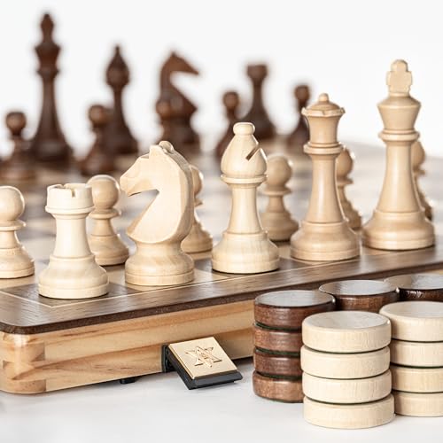 A&A 15" Magnetic Wooden Chess Set/Folding Board / 3" King Height German Knight Staunton Chess Pieces/Mahogany & Maple Inlaid /2 Extra Queen