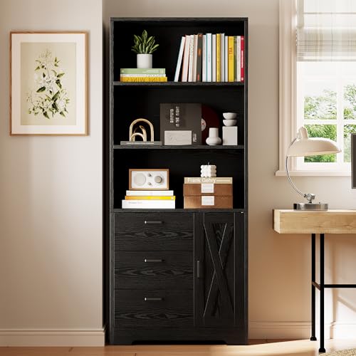 IRONCK Bookshelf with Doors and 3 Drawers 71 in Tall Bookcase with 3-Tier Shelves, Industrial Book Shelf with Storage for Living Room Entrance Hallway Home Office, Black - color: Black