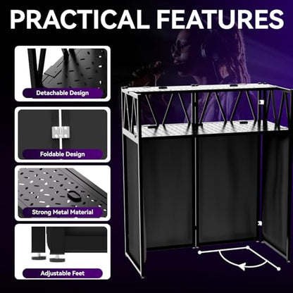 DJ Facade Booth Portable DJ Booth Table, Folding 2-Tier Workstation Table with Cable Management Holes, Adjustable Leveling Feet, Black & White Scrim Panels for Wedding Party Events(Upgrade) - size: Upgrade 40*20 Double layer