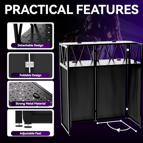 Portable DJ Booth T able,Foldable DJ Table Stand Portable with White & Black Scrim,Adjustable DJ Facade Booth Station Metal Frame D J Table with Cable Hole for Private Events, Clubs, Bars (50*25 XL) - size: 50*25