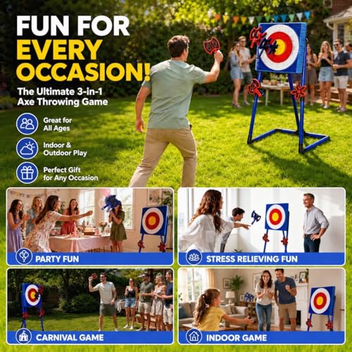Axe Throwing Bristle Target with 4 Axes, 4 Ninja Stars and 4 Darts, Axe Throwing Game for Backyard, Indoor & Outdoor, Yard Games, Carnival Camping Games
