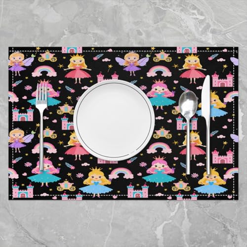 Erosebridal Set of 4 Cartoon Placemats 12X18 Inch,Fantasy Romantic Princess Style Fairy Wand Castle Waterproof Placemats for Girls Children Kids,Rainbow Clouds Floral Flower Love Heart Place Mats - color: Black Pink Yellow Teal