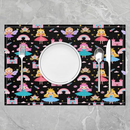 Erosebridal Set of 4 Cartoon Placemats 12X18 Inch,Fantasy Romantic Princess Style Fairy Wand Castle Waterproof Placemats for Girls Children Kids,Rainbow Clouds Floral Flower Love Heart Place Mats - color: Black Pink Yellow Teal