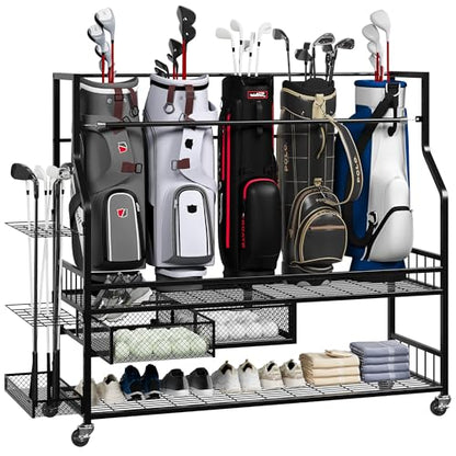 Golf Bag Storage Rack on Wheels, Mobile 5-Bag Organizer with Accessory Drawer for Golf Bag and Equipment Accessories Garage, Home, Basement