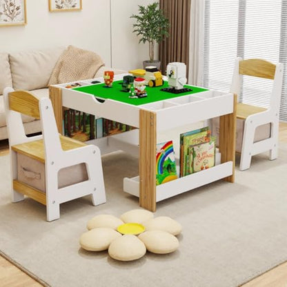 3 in 1 Play Table & 2 Chairs Set, Gaming Table with 7 Storage Compartments Compatible with LEGO Building Block, Modern Activity Learning Table Game Furniture, White+Green - size: 32''×23'' with chairs set