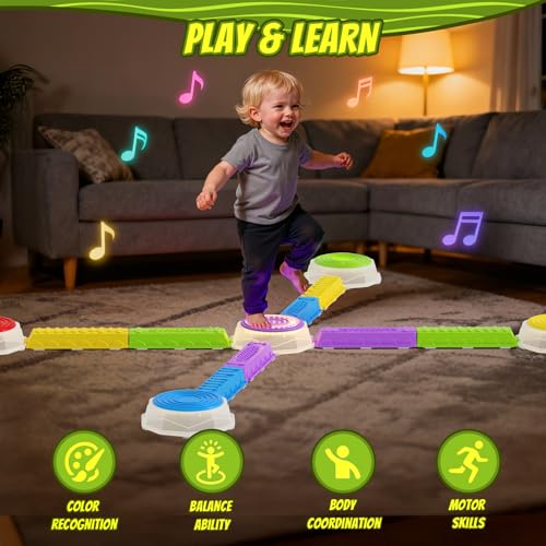 HYES Light Up Stepping Stones & Balance Beams for Kids 1-3, 13PCS Non-Slip Sensory Obstacle Course with Piano Music, Game Spinner & 30 Cards, Indoor Outdoor Toddler Toys Gifts for Boys Girls Ages 3-5 - style: 5 LED Pads & 8 Beams