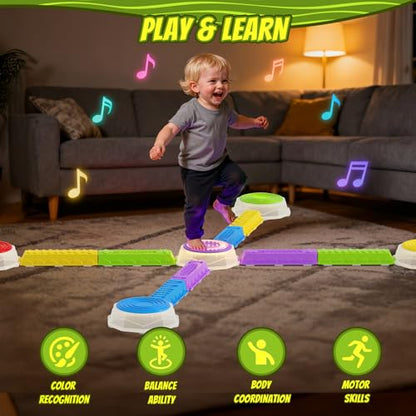 HYES Light Up Stepping Stones & Balance Beams for Kids 1-3, 13PCS Non-Slip Sensory Obstacle Course with Piano Music, Game Spinner & 30 Cards, Indoor Outdoor Toddler Toys Gifts for Boys Girls Ages 3-5 - style: 5 LED Pads & 8 Beams