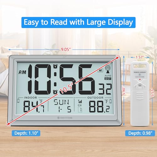 Atomic Clock Wall with Indoor/Outdoor Temp, Battery Operated Digital Wall Clock with 10.5" Large LCD Display, 330ft Range Desk Table Clock with Alarm, DST, Calendar for Living Room, Silver-gray - color: Silver-gray