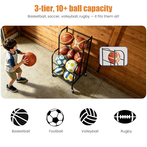 Basketball Rack with Wheels - Space-Saving Vertical Ball Storage for Basketball, Football, Soccer, Rolling Ball Rack for Garage & Outdoor, Heavy-Duty Ball Holder Organizer